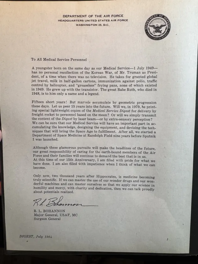 Bohannon’s published July 1964 message to Medical Service personnel